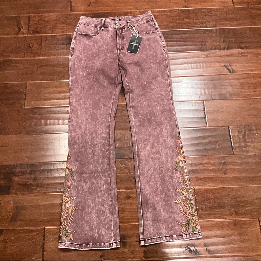 Floral Embroidered Wide Leg Jeans in Purple